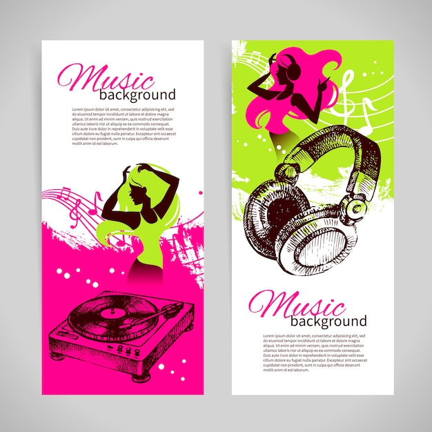 Music banners with hand drawn illustration and dance girl silhouette. Splash blob retro design