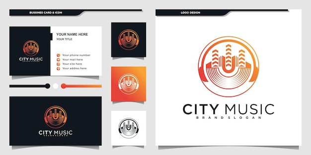 Music city logo design inspiration with modern circual line art shape and business card Premium Vecto