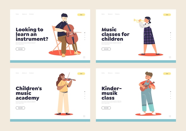 Music classes and academy for children landing pages set with kids play on musical instruments