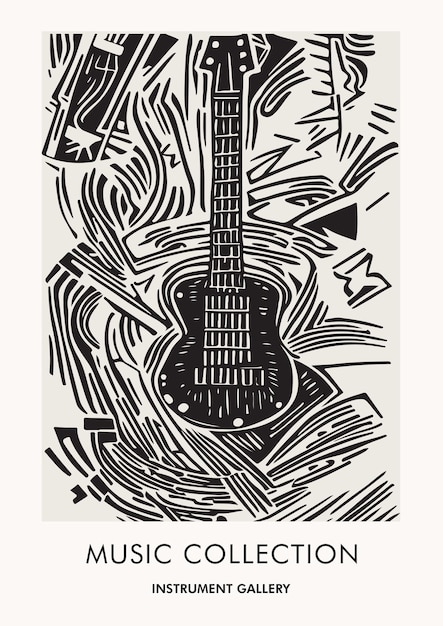 Music Collection Linocut Illustration Guitar Art