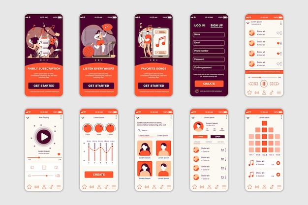 Music concept screens set for mobile app template UI UX GUI user interface kit