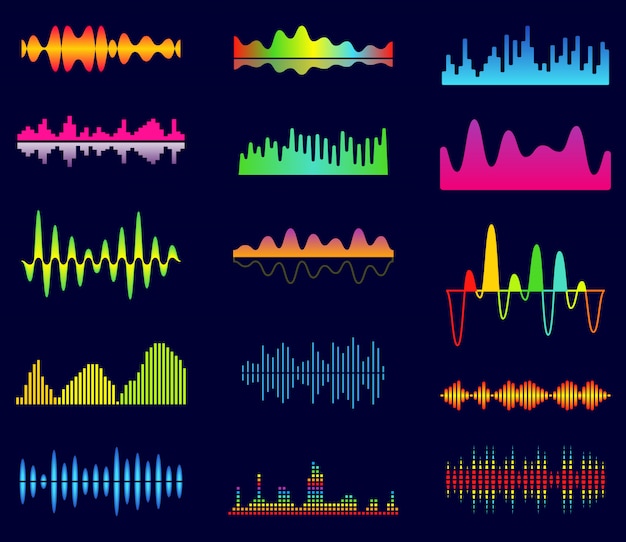 Music equalizer, audio analog waves, studio sound frequency, music player waveform