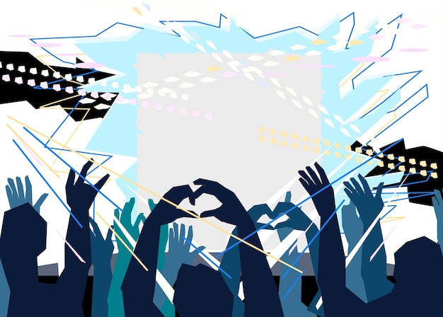 Music fans hands in front of stage flat vector illustration