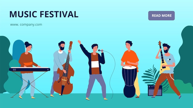 Music festival banner. Musicians and instruments, orchestra. Sound fest  landing page.