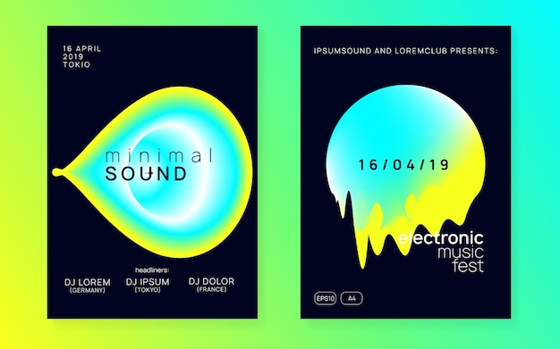 Music flyer set Electronic sound Night dance lifestyle holiday Fluid holographic gradient shape and line Abstract techno concert magazine layout Poster for summer fest and music flyer