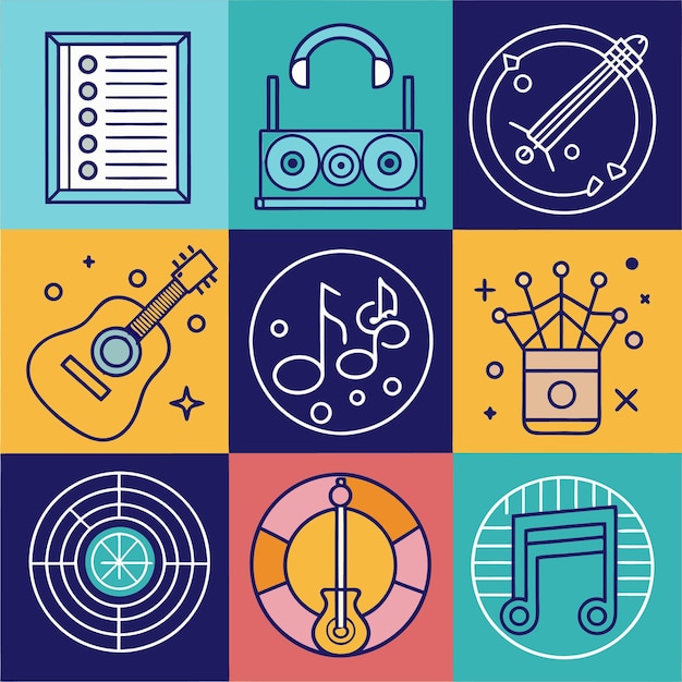 Vector music icons in a grid pattern