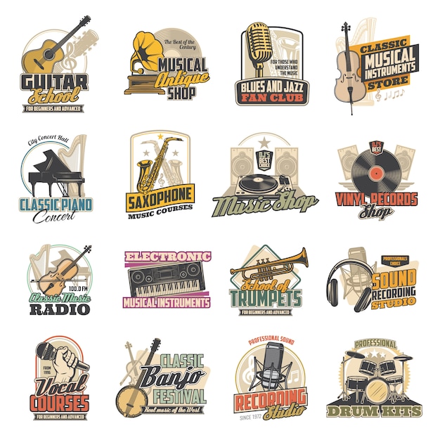 Music instrument, vinyl record, microphone icons