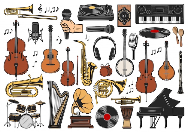 Music instruments, musical notes and equipment