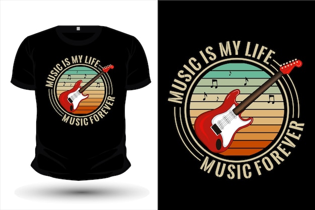 Music is my life merchandise silhouette t shirt design with retro background