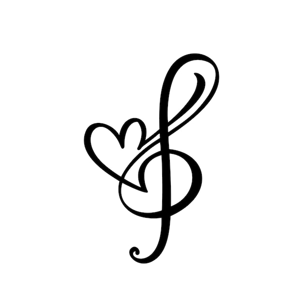 Music key and heart abstract hand drawn vector logo and icon Musical theme flat design template