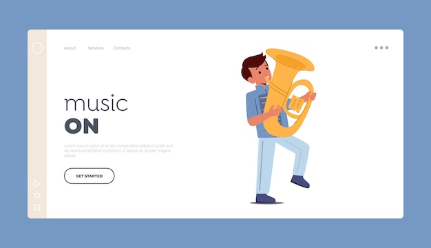 Music Landing Page Template Happy Boy Play Festival Music With Tuba during Parade Marching Kid Character in Uniform