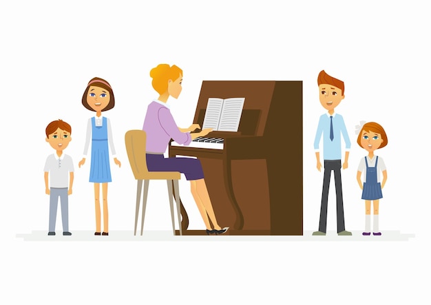 Music lesson at school - modern cartoon people characters illustration with a teacher playing the piano from music and singing children. Perfect as a card, poster, banner