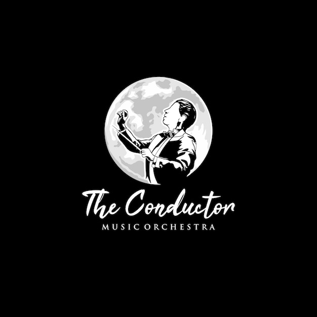 Music Logo. Man Silhouette With Stick Logo Conductor or Choirmaster with moon background vector