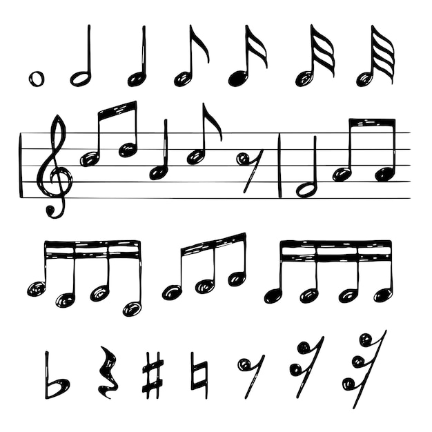 Music notes. Black treble clef stave f sharp minor major sounds symbols