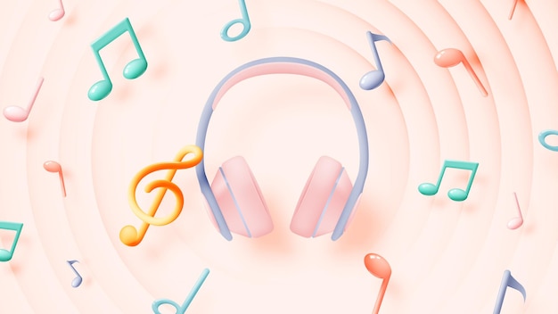 Music notes and headphones with melody or tune 3d realistic