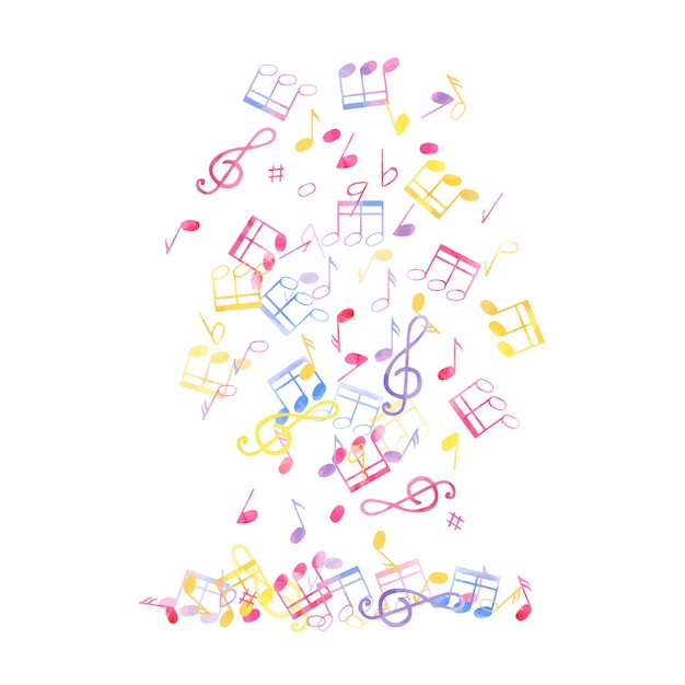 Vector music notes levitation falling multicolored note symbols cute atmosphere of music rain dense composition perfect for musical projects advertising watercolor illustration for poster stationery