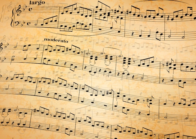 Vector music notes on stave, old paper background