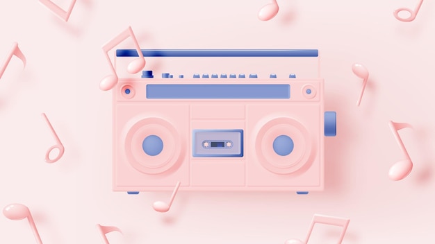 Music notes with boom box song melody or tune 3d realistic vector icon for musical apps and websites background vector illustration