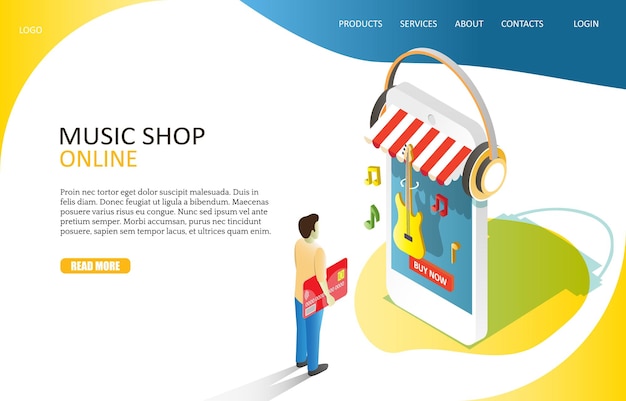 Music online shop landing page website vector template