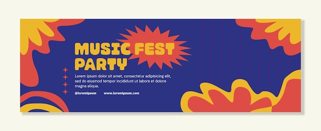 Vector music party festival banner template horizontal with flat retro trendy 90s abstract shapes