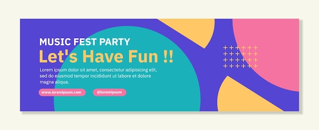 Vector music party festival banner template horizontal with flat retro trendy abstract shapes