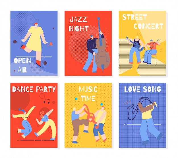 Music Party Performing People Colorful Cards Set