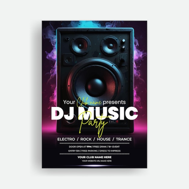 Vector music party print flyer or poster template with music speaker sub woofer background