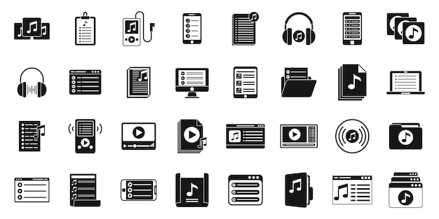 Music playlist icons set simple vector. Group listening. Radio headphones playlist