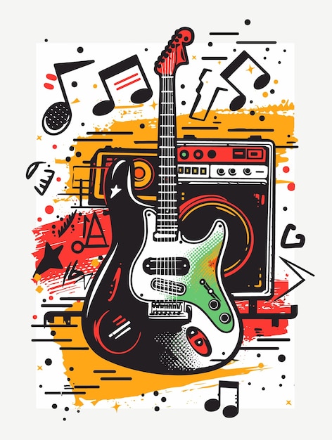 Music poster with electric guitar and music notes Hand drawn vector illustration