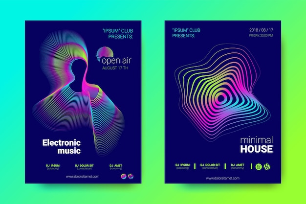 Music posters collection neon flyers for electronic festival