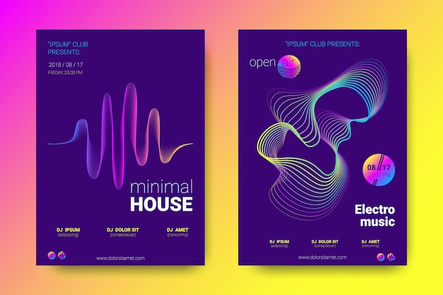 Music posters collection neon flyers for electronic festival