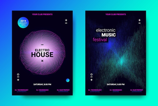 Music posters collection neon flyers for electronic festival