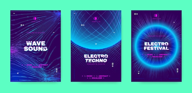 Music posters collection neon flyers for electronic festival