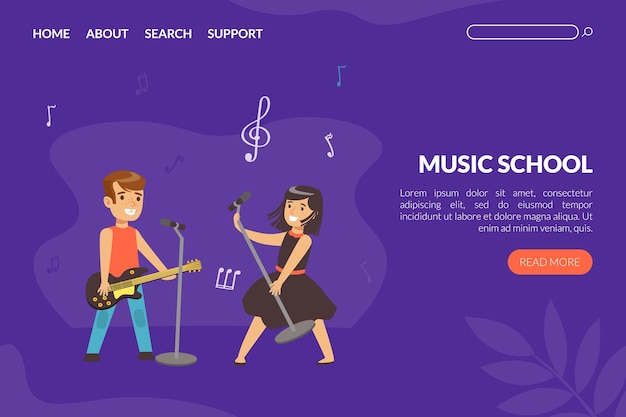 Vector music school landing page template children playing music and singing website interface design cartoon vector illustration