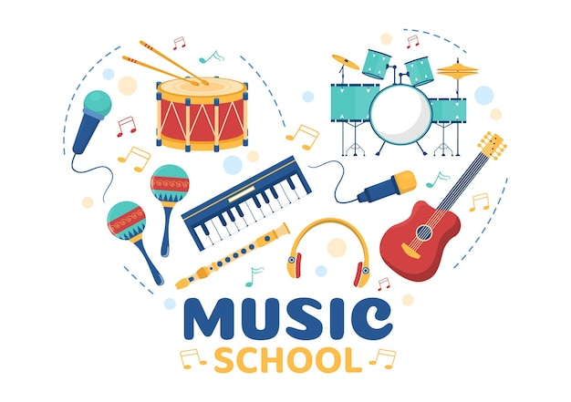 Music School Template In Hand Drawn Cartoon Flat Illustration Playing Various Musical Instruments