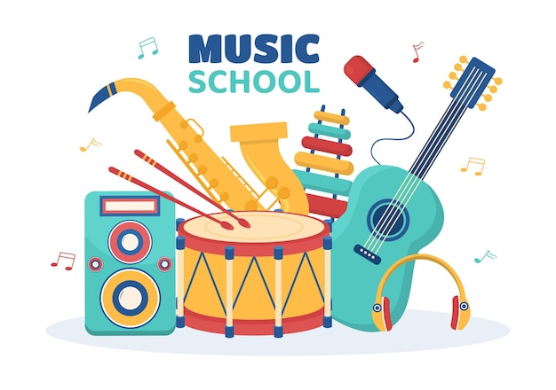 Music School Template In Hand Drawn Cartoon Flat Illustration Playing Various Musical Instruments