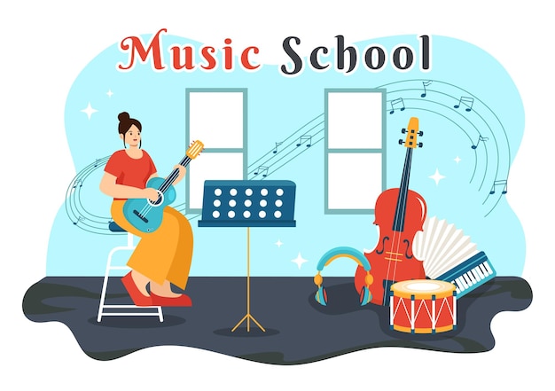 Vector music school vector illustration with playing various musical instruments and singers