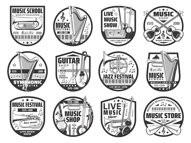 Music show jazz festival and instrument icons