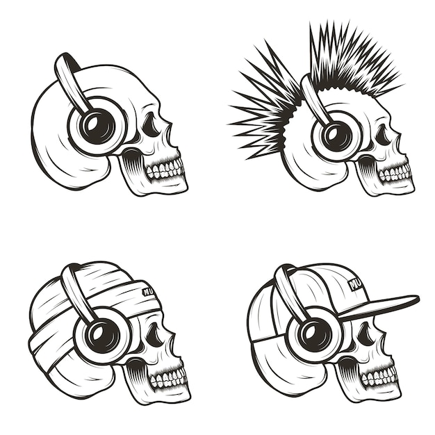 Music skull side view set vector hand drawn illustration