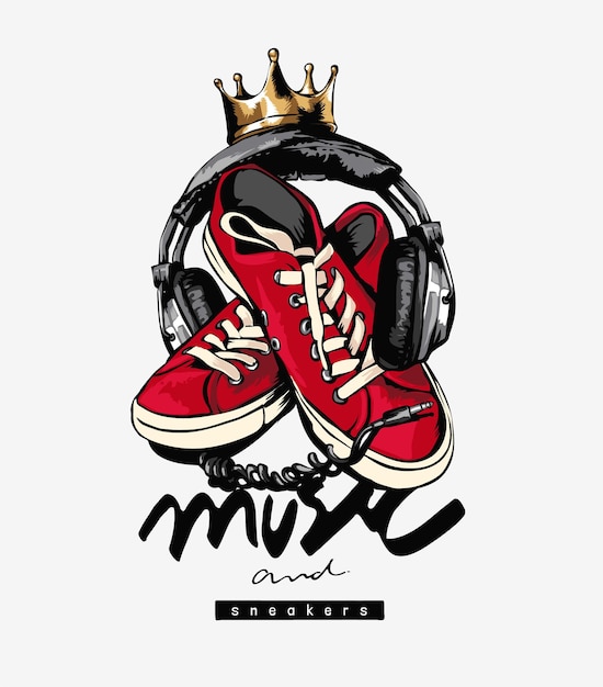 music and sneakers slogan with sneakers and headphone illustration