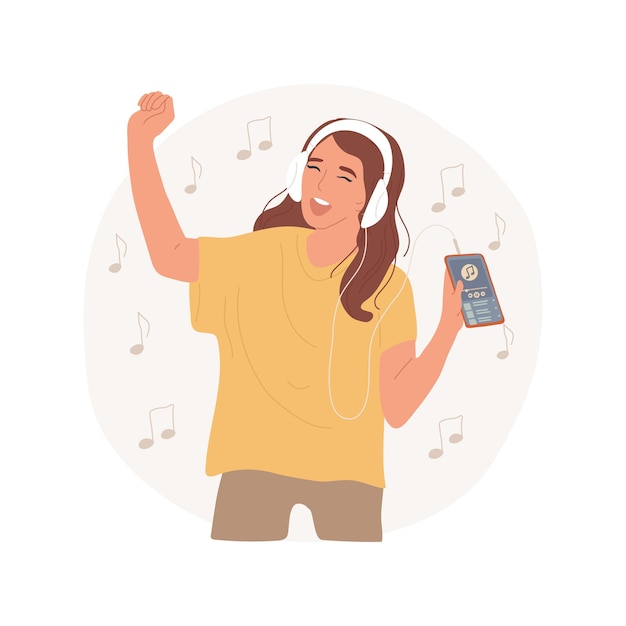 Vector music streaming app isolated cartoon vector illustration beautiful teen girl in headphones laughing