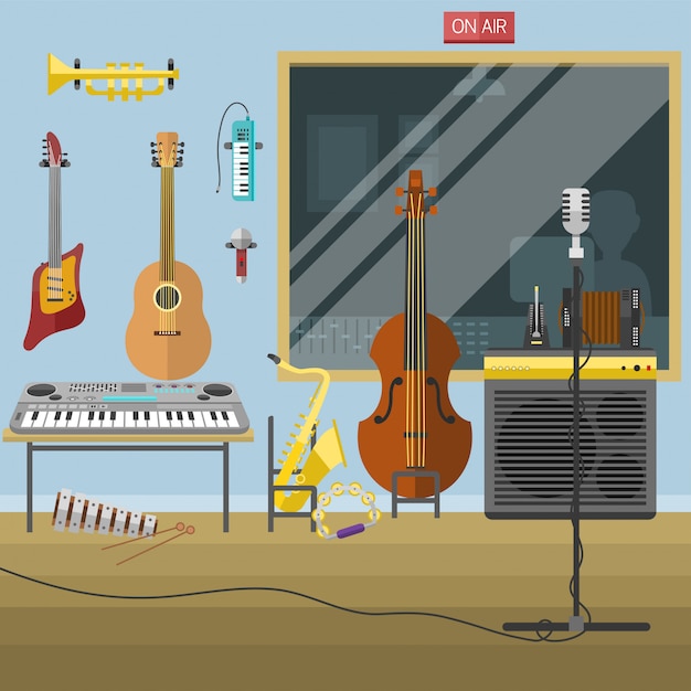 Music studio musical instruments producer record volume interior vector illustration.