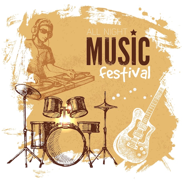 Music vintage background. Splash blob retro design. Music festival poster. Hand drawn sketch vector illustration