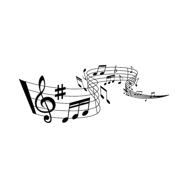 Music wave with vector notes on staff of music sheet with treble clef, musical notation bar lines and sharp key. Isolated black swirl of musical melody, song or tune notes, classic piano music