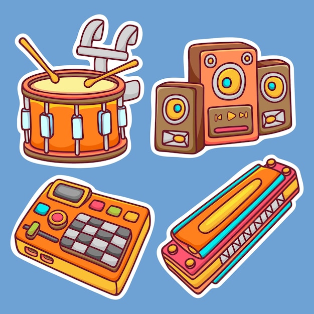 Musical Instrument Sticker Icons Hand Drawn Coloring Vector