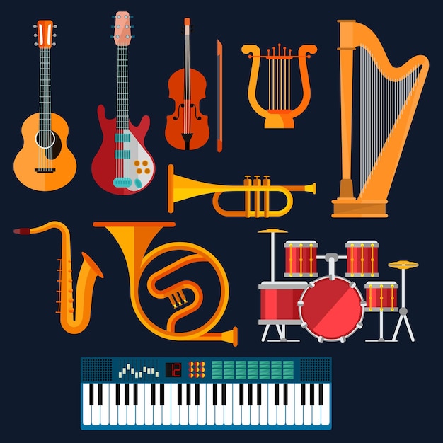 Musical instruments clipart with drum set, acoustic and electric guitars, violin, synthesizer, saxophone, trumpet, harp, ancient lyre and horn. Art, culture, musical entertainment concept