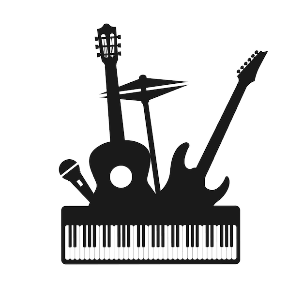 Musical instruments decorative icons silhouette black set with guitar drums headphones vector illustration