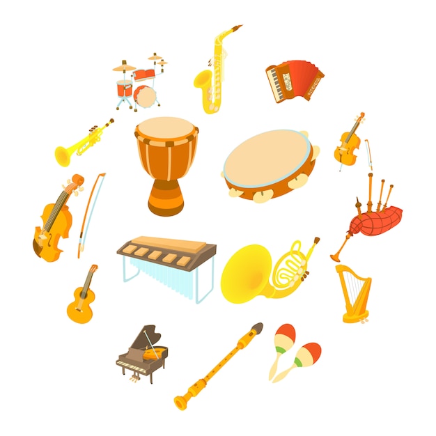 Musical instruments icons set, cartoon style