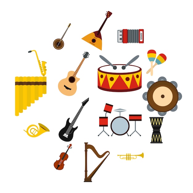 Musical instruments icons set, flat style