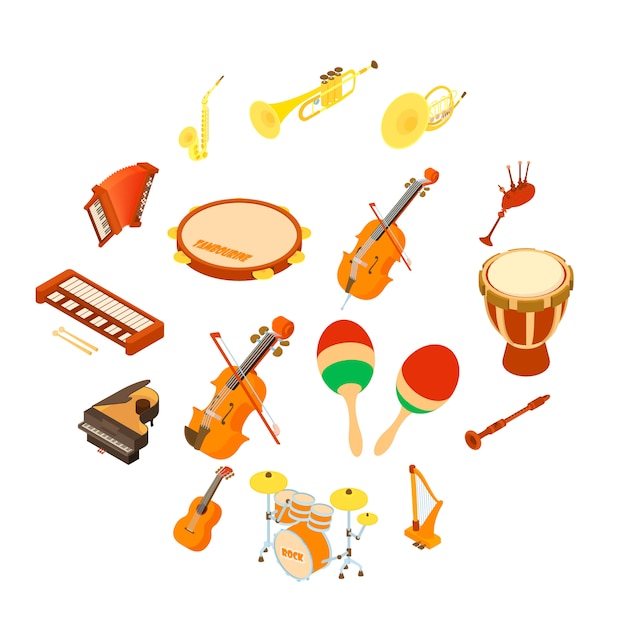 Musical instruments icons set, isometric style